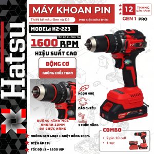 Thân máy khoan pin và vít (2 trong 1) Hatsu K2-223, Khoan pin 3 chức năng, Động cơ không chổi than
- Mã sản phẩm: Hatsu K2-223
- Tình trạng máy: Mới 100%
- Chức năng: Khoan bê tông, khoan tường, khoan sắt, khoan gỗ, gạch, nhôm, tôn, bắt vít...
- Điện áp : 21V
- Động cơ không chổi than
- Chân pin phổ thông
- Máy sử dụng: Nhông kim loại + Ruột đồng 100%
- Đầy đủ 3 chức năng: Khoan, Búa, Bắt vít