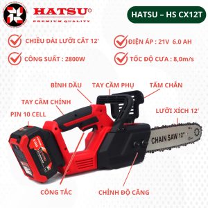 Máy cưa pin cầm tay 12 inch loại nhỏ HATSU - HS CX12T động cơ lõi đồng không chổi than
Thông tin sản phẩm cơ bản
Chất liệu thân máy: Nhựa ABS cao cấp
Điện áp định mức: 21v
Công suất định mức: 2800w
Loại động cơ: Động cơ không chổi than 5025
Tốc độ chạy không tải: 0-3500r/min (tốc độ bánh xích)
Tốc độ xích: 8,0m/s
Thông số tấm dẫn hướng: 12 inch
Đường kính cắt tối đa: 350mm
- Trọng lượng: 3.5kg (máy gắn pin)
- 2 Pin chuẩn dung lượng 10 cell
Phạm vi ứng dụng: cắt tỉa, chẻ củi, khai thác gỗ