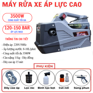 + Máy xịt rửa xe HATSU - HS68 với cải tiến về độ bền, motor lõi đồng hoạt động mạnh mẽ, bền bỉ và êm ái với công suât 3500W. Ưu điểm của motor từ là giúp máy hoạt động bền bỉ, êm ái, hoạt động liên tục mà không sợ ảnh hưởng tới tuổi thọ của máy.

+ Máy rửa xe HATSU - HS68 với khả năng điều chỉnh áp lực từ 10 - 150 bar phù hợp với rất nhiều nhu cầu khác nhau như xịt rửa xe cộ, sân vườn,... hay vệ sinh máy lạnh, tưới cây,...

+ Bên cạnh đó động cơ này còn giúp cho máy xịt rửa xe HATSU - 3500W có khả năng tự hút nước từ xô chậu 1 cách tự động vô cùng tiện lợi. Bạn có thể mang theo sử dụng ở mọi nơi miễn là có nguồn nước.

+ Bộ Sản phẩm bao gồm:
- Súng phun ngắn,
- Thân nối dài,
- Dây cao áp 15 mét,
- Dây nước vào 2m,
- Lọc rác, bộ cút nước đầu vào,
- Bình phun bọt xà bông.