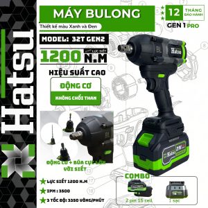 [ HS 32T Gen2 ] Máy siết Bulong HATSU 21V, Lực siết siêu khủng 1200 N.M, Động cơ không chổi than.