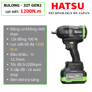 [ HS 32T Gen2 ] Máy siết Bulong HATSU 21V, Lực siết siêu khủng 1200 N.M, Động cơ không chổi than.