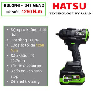 [ HS-34T  Gen2 ]Máy siết Bulong HATSU 21V, Lực siết siêu khủng 1250 N.M, Động cơ không chổi than.