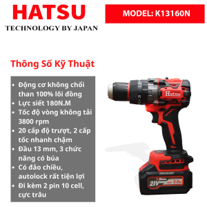 [ HS K13160N ] Máy Khoan Đầu 13mm Hatsu- Lực siết 180N - Động Cơ Không Chổi Than - Lõi Đồng 100% - Siêu Khỏe