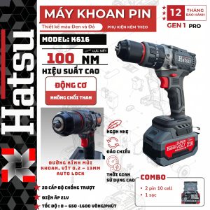[ HS K616 ] Máy Khoan Đầu 13mm Hatsu - Lực siết 100N - Động Cơ Không Chổi Than - Lõi Đồng 100% - Siêu Khỏe