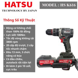 [ HS K616 ] Máy Khoan Đầu 13mm Hatsu - Lực siết 100N - Động Cơ Không Chổi Than - Lõi Đồng 100% - Siêu Khỏe