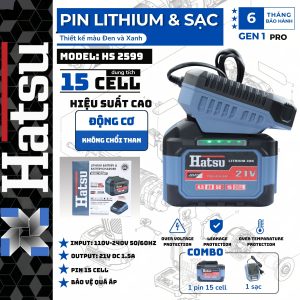 Bộ pin và sạc HATSU HS2599 là lựa chọn lý tưởng cho anh em thợ cần nguồn điện ổn định – bền bỉ – sạc nhanh, phù hợp cho nhiều dòng máy cầm tay như máy khoan, máy siết bulong…

Với thiết kế chắc chắn, cell pin chất lượng cao và dung lượng 15 cell, đầu xả 4.5Ah, sản phẩm giúp tăng thời gian làm việc, giảm gián đoạn, đặc biệt phù hợp cho công việc cường độ cao tại garage xe máy, ô tô hay nội thất lắp đặt.